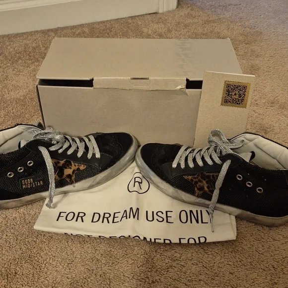 SOLD! Golden Goose Midstar Double Quarter Sneaker Black Leopard Stars Size 38 - Picture 2 of 11